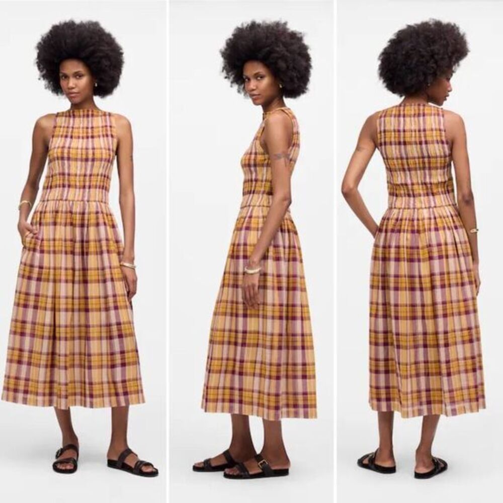Madewell NWT Smocked Boatneck Maxi Dress in Plaid Seersucker Size M